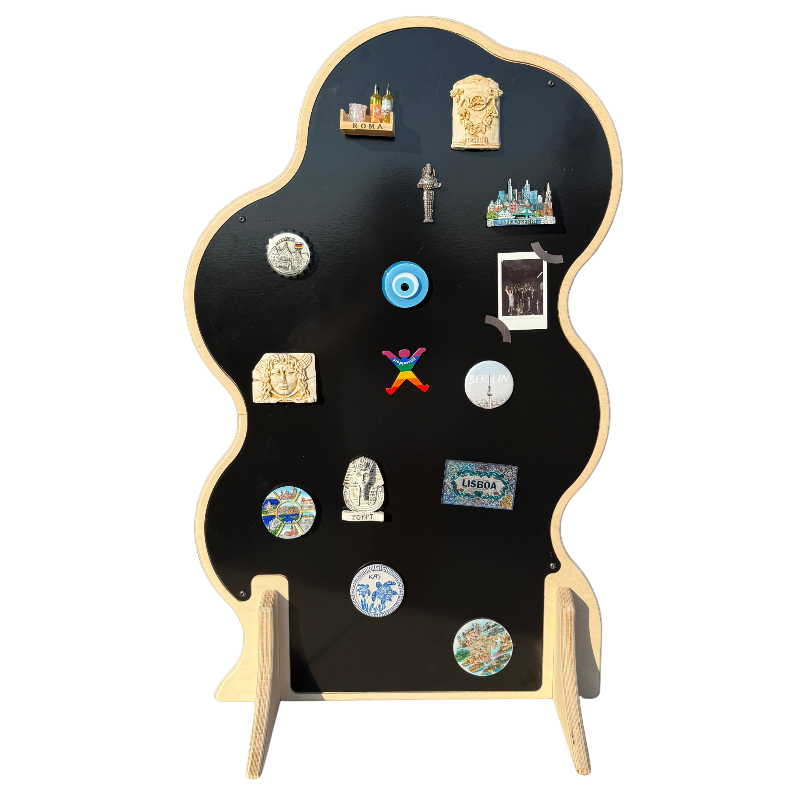 Asymmetrical Wavy Collapsible Wooden Magnet Display Stand | Black Metal Surface