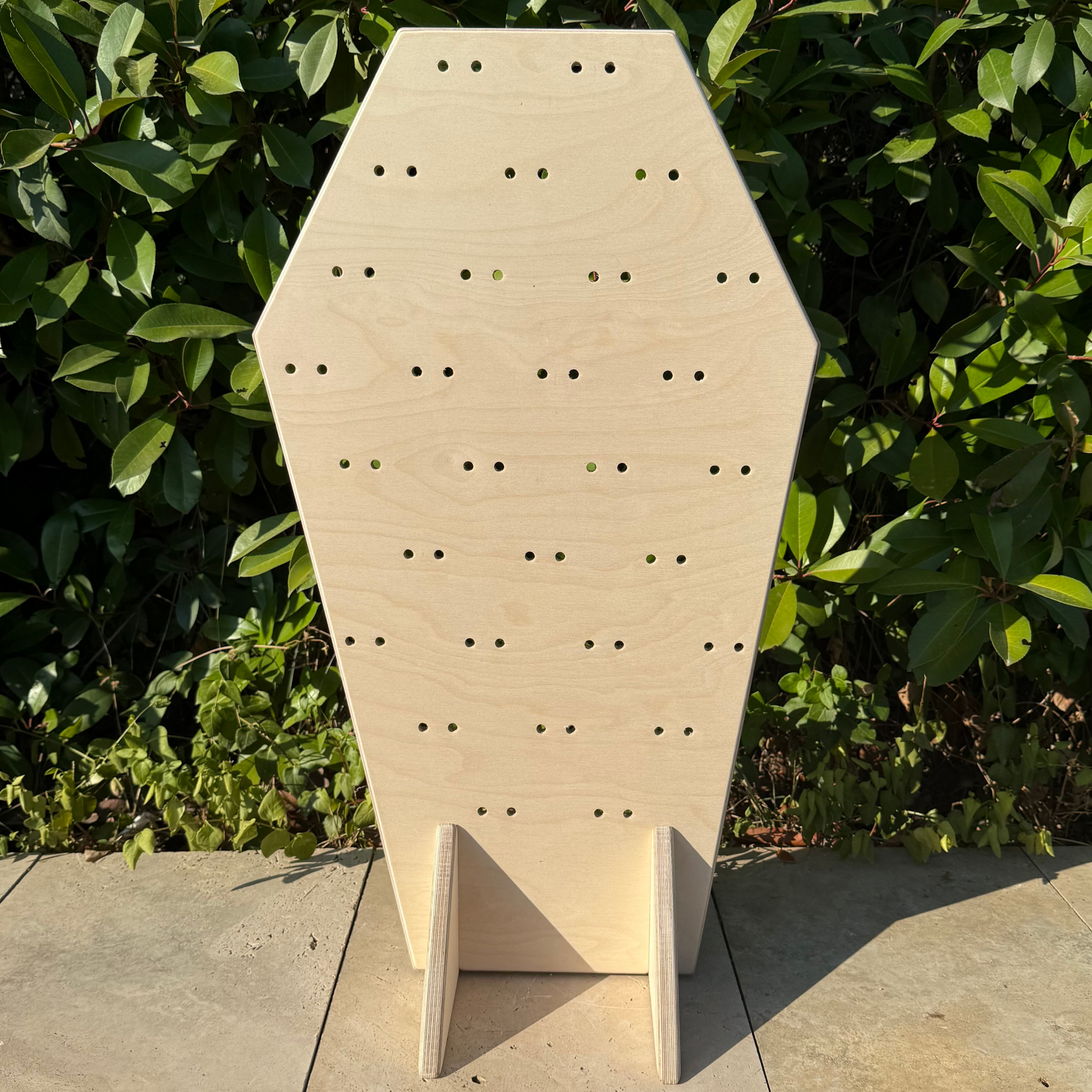 Coffin Collapsible Wooden Pegboard Display Stand + Metal Hooks