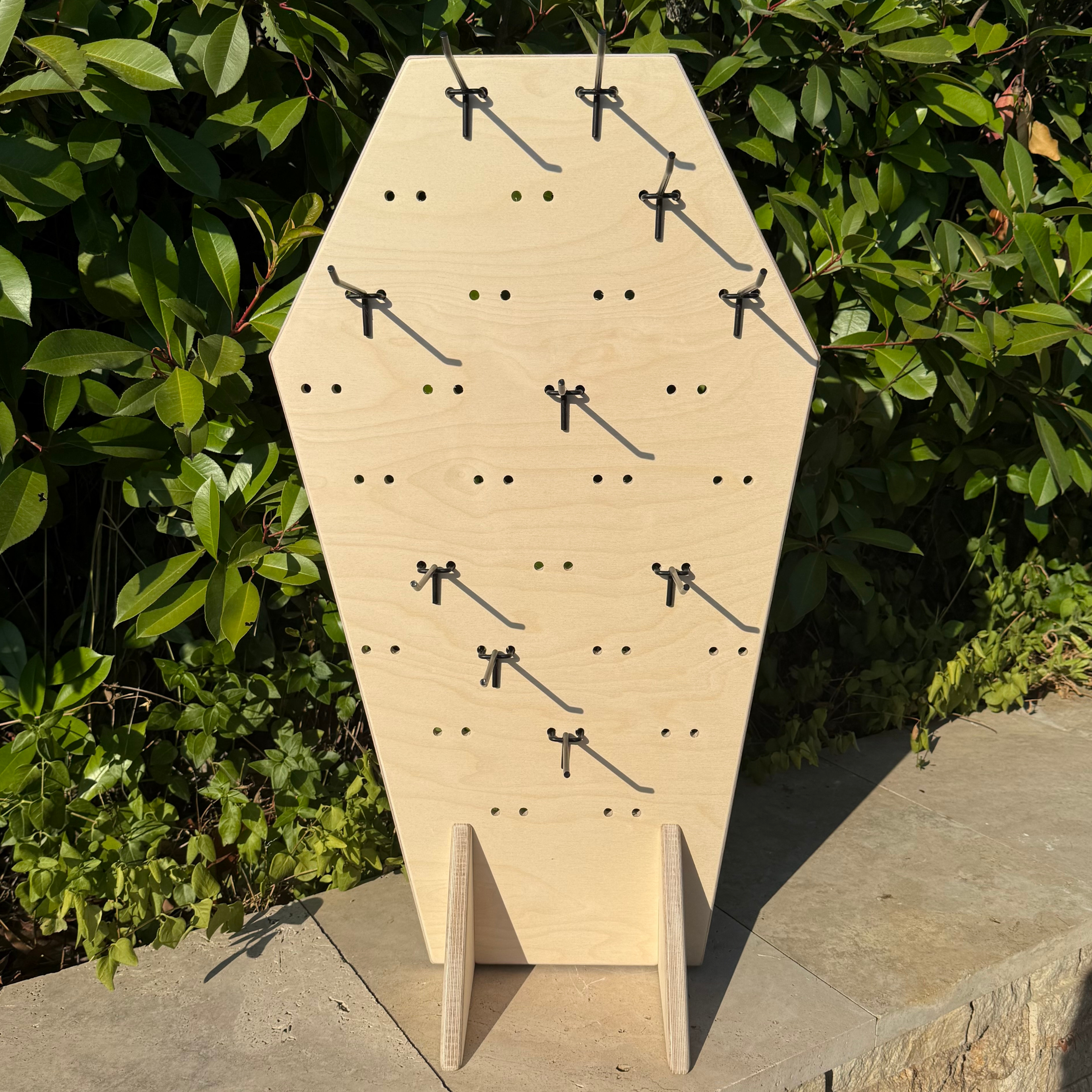 Coffin Collapsible Wooden Pegboard Display Stand + Metal Hooks