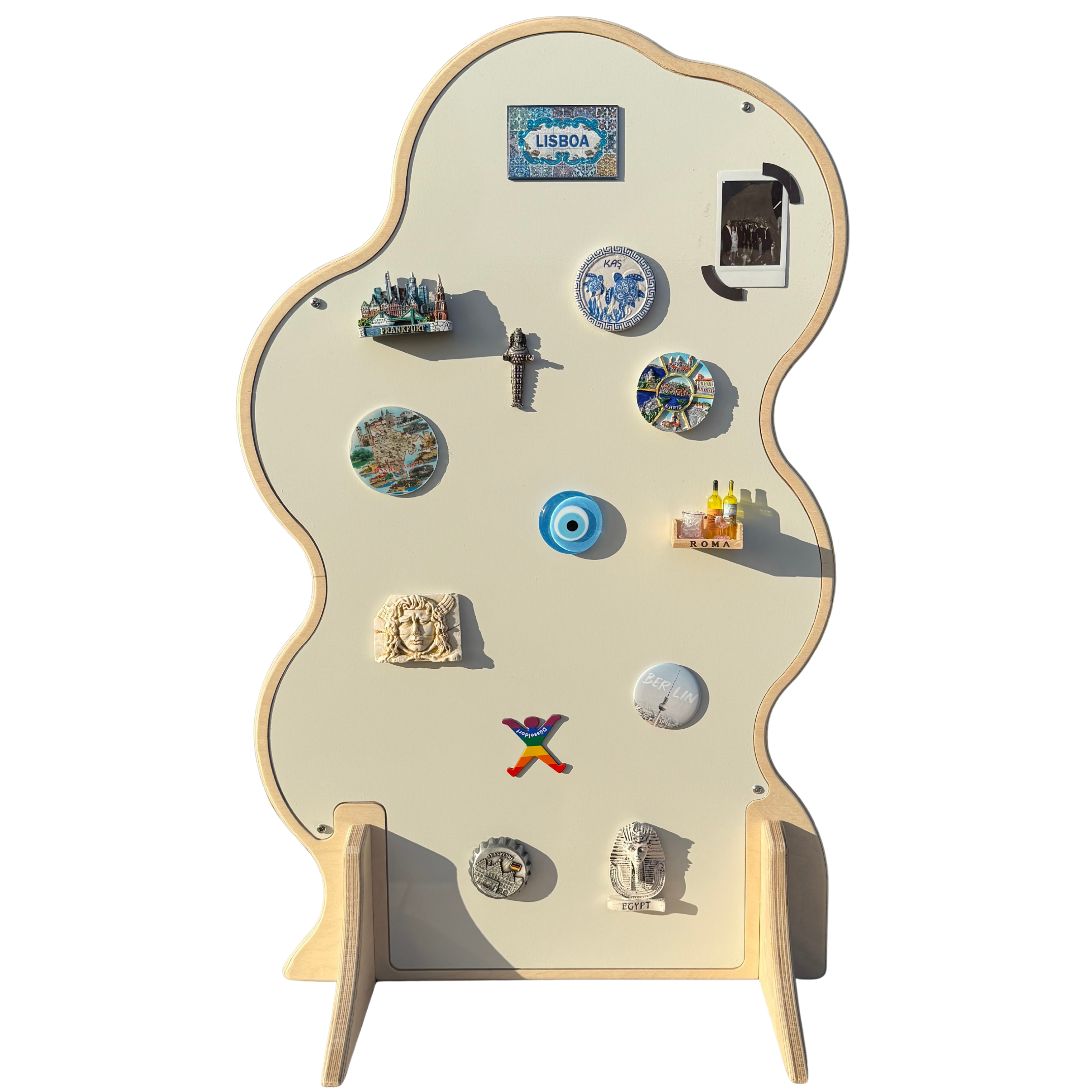 Asymmetrical Wavy Collapsible Wooden Magnet Display Stand | White Metal Surface