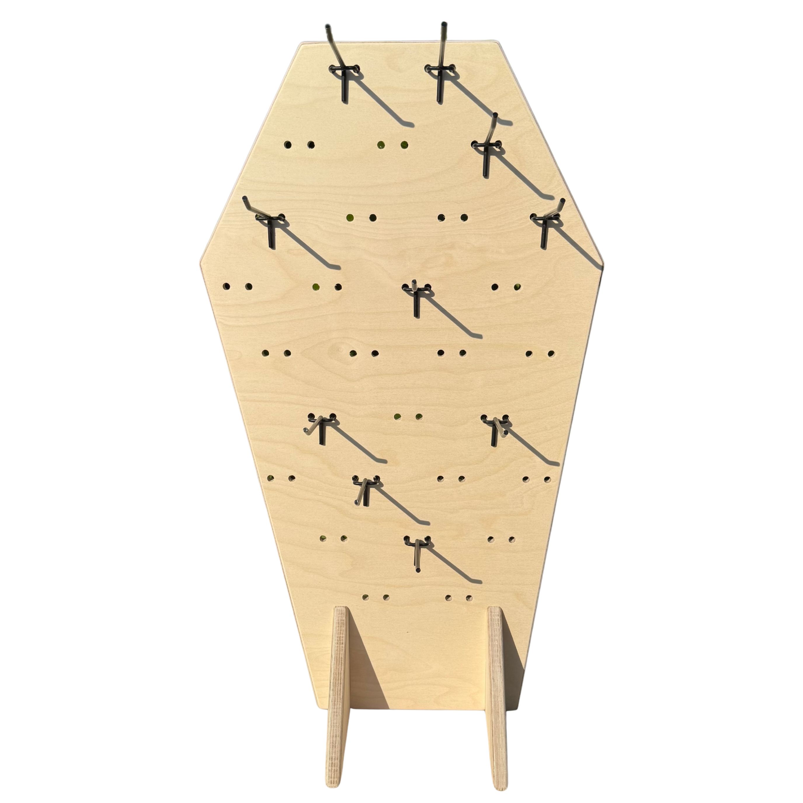 Coffin Collapsible Wooden Pegboard Display Stand + Metal Hooks